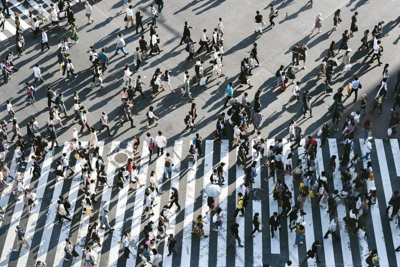 An aerial view of a crowded city crosswalk filled with pedestrians casting long shadows